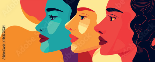 Colorful side profiles of three women in abstract art style.