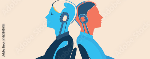 Futuristic concept of two humanized robots in back-to-back pose reflecting dual perspectives.