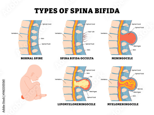 Different types of spina bifida pregnancy, educational medical poster design healthcare, normal spine, occulta, meningocele, lipomyelomeningocele, myelomeningocele. Covered spinal cord, birth defect.