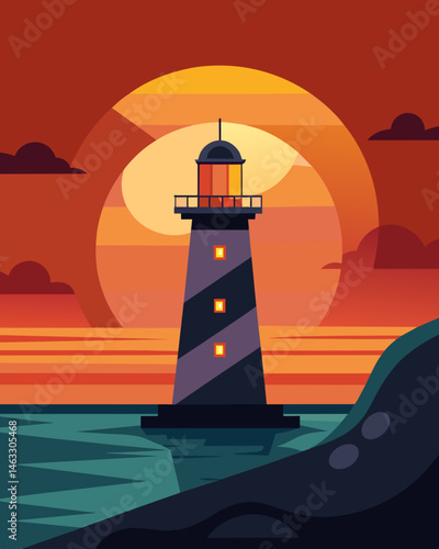 As the sun sets over the ocean the solarpowered lighthouse casts a warm glow across the darkening waters.. Vector illustration
