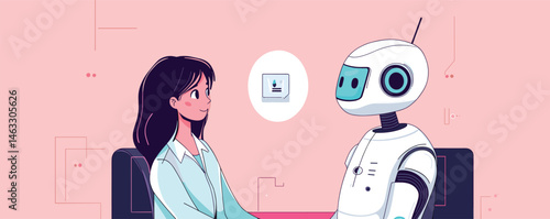 Woman and robot engaged in friendly conversation in futuristic setting.