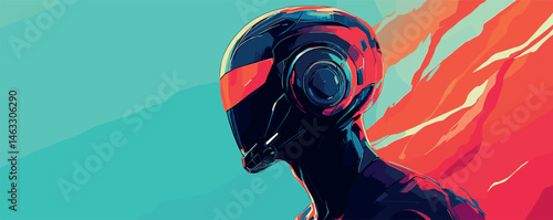 Vibrant abstract of futuristic helmeted figure with dynamic colors and digital design.
