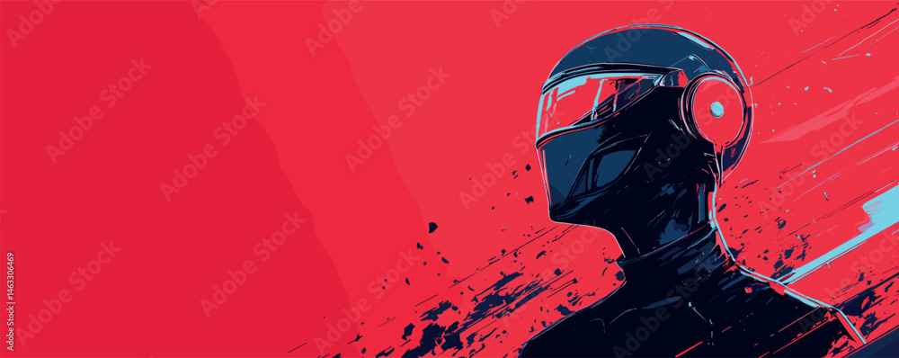 Fototapeta premium Futuristic racer with helmet against bold red background in dynamic digital art.