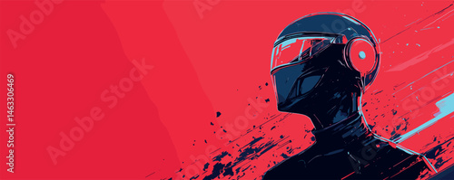 Futuristic racer with helmet against bold red background in dynamic digital art.