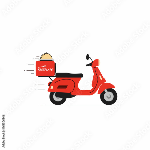 Speedy Bites: A vibrant red scooter, expertly equipped for food delivery, zips across a clean, minimalist illustration. Evoking a sense of urgency and efficiency.
