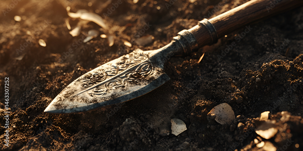 Vintage Garden Trowel on Soil with Ornate Blade in Sunlight