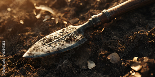 Vintage Garden Trowel on Soil with Ornate Blade in Sunlight

