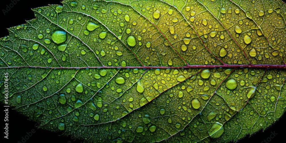 Fototapeta premium Close-Up of a Green Leaf Covered in Water Droplets on Black Background for Nature Photography