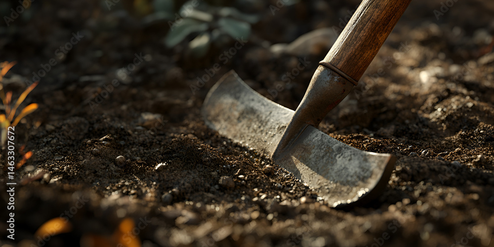 Rustic Hoe on Farmland Soil at Sunset with Earthy Texture
