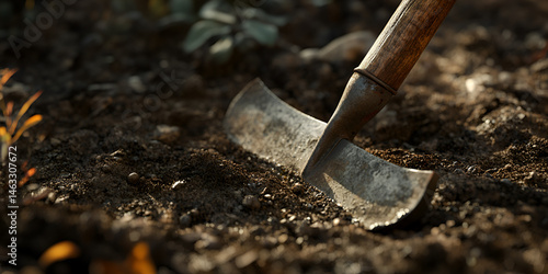 Obraz na płótnie Rustic Hoe on Farmland Soil at Sunset with Earthy Texture
w salonie