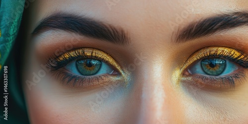 Closeup of Stunning Green Eyes with Golden Shimmering Makeup and a hint of Green Fabric