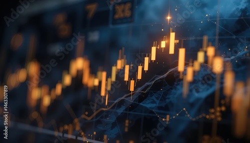 Golden Candlestick Chart Displayed on a Dark Blue Screen with Fi