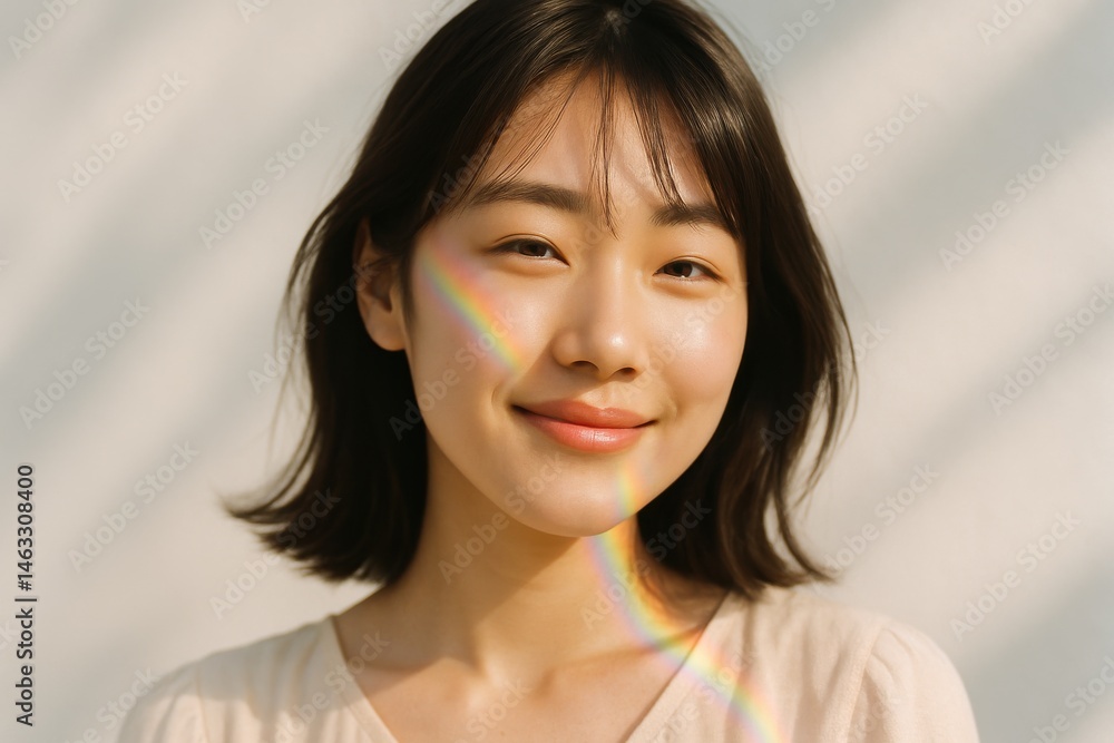 虹色の光が当たる笑顔の若い女性のポートレート 虹色の光が当たる笑顔の若い女性のポートレート