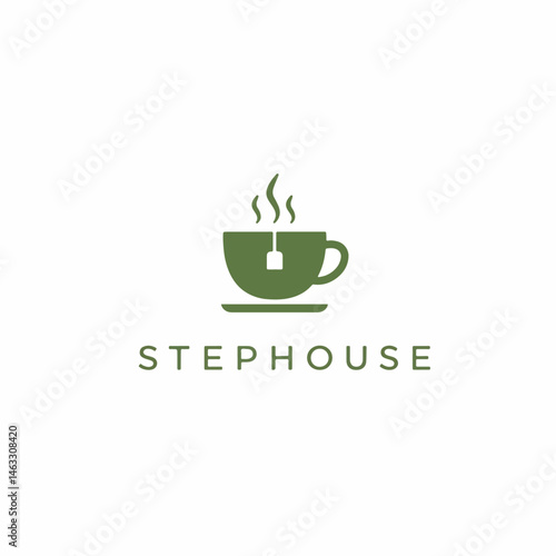 Stephouse: Green Teacup with Steam & Tea Bag Logo for Cafes.

