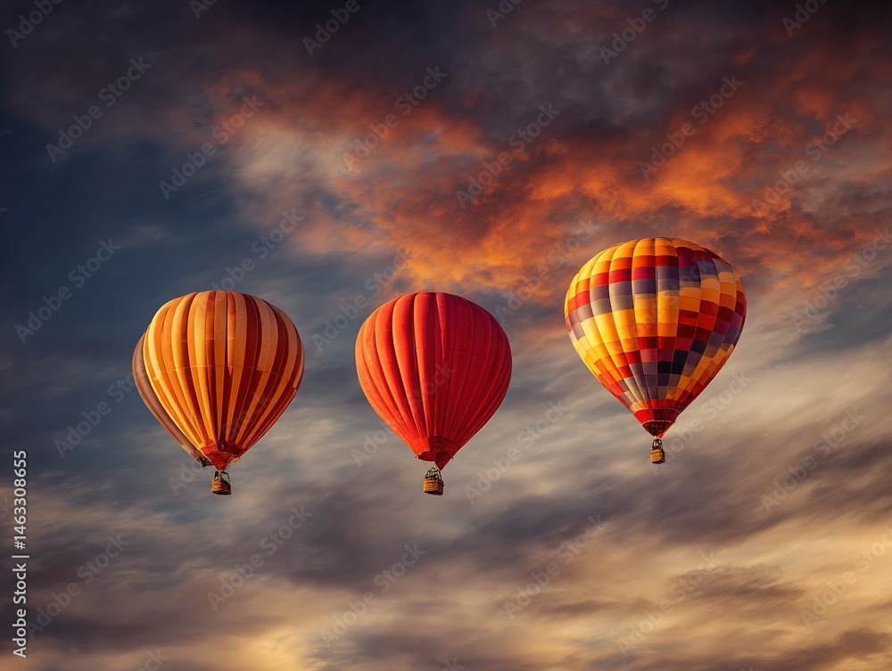 Fototapeta premium Colorful hot air balloons against a dramatic sunset sky.