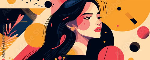 Elegant woman in abstract art with geometric shapes and bold colors.