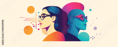Creative pop art style portrait of two women facing opposite directions with colorful circles.