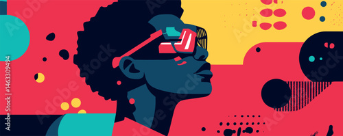 Vibrant afro-futuristic portrait of a young woman in sunglasses.