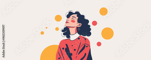 Stylish woman with curly hair relaxing in a colorful abstract background.