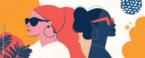 Stylish women in sunglasses - vibrant abstract art featuring fashionable portraits.