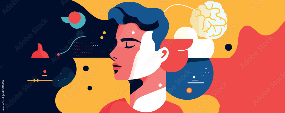 Naklejka premium Abstract portrait of a contemplative person with vibrant colors and geometric shapes.