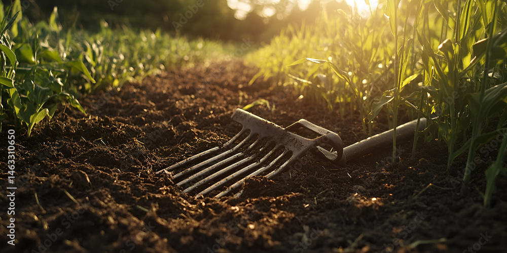 Garden Rake on Soil in Sunlit Field with Young Green Plants