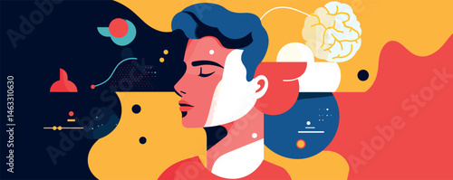 Abstract portrait of a contemplative person with vibrant colors and geometric shapes.