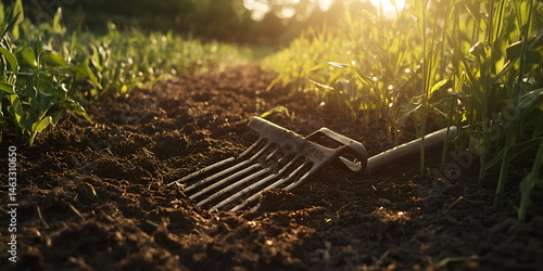 Obraz na płótnie Garden Rake on Soil in Sunlit Field with Young Green Plants
w salonie