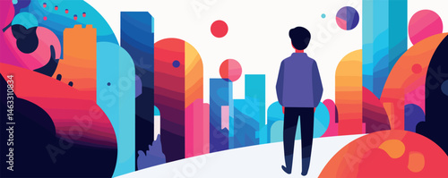 Vibrant abstract landscape with man in urban environment, bright colors and geometric shapes.