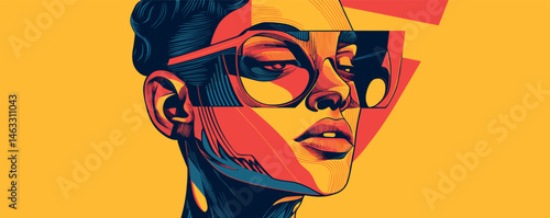 Vibrant abstract portrait of a woman wearing glasses with bold geometric shapes.