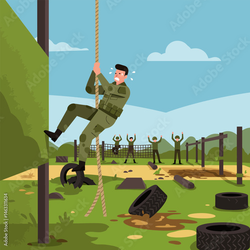 Soldier Climbing Rope on Obstacle Course During Military Training