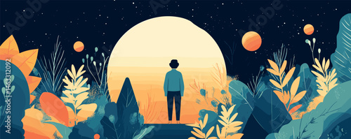 Serene night sky viewing: solitary figure amidst abstract nature and cosmic wonders.