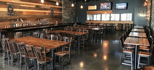 Spacious bar and dining area with large wooden tables and chairs