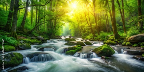 Smoky Mountains Whitewater Stream, Lush Green Forest, Scenic Nature Photography, Appalachian Trail Waterfall