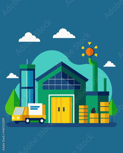The warehouse was a marvel of ecofriendly design with its solarpowered lighting and machinery reducing its carbon footprint to almost zero.. Vector illustration