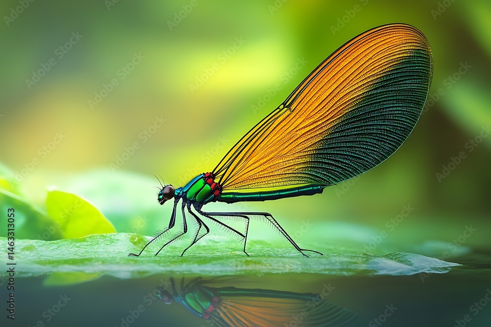 Vibrant dragonfly resting on a leaf, reflecting in still water Vibrant dragonfly resting on a leaf, reflecting in still water