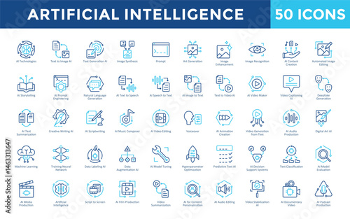 Artificial Intelligence icons set with ai technologies, text to image ai, text generation ai, image synthesis, prompt, art generation, image enhancement icon. Simple outline color vector 
