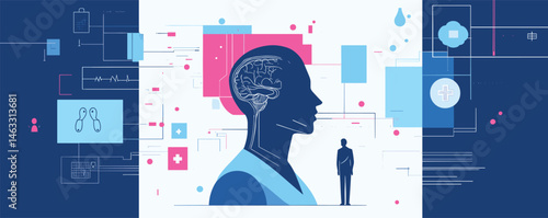 Human brain health concept with abstract medical icons and silhouette illustration.