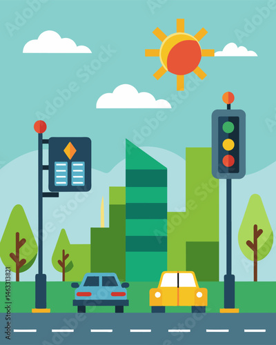 As the city wakes up the solarpowered traffic signals awaken too charged up and ready for another day of managing the flow of vehicles.. Vector illustration