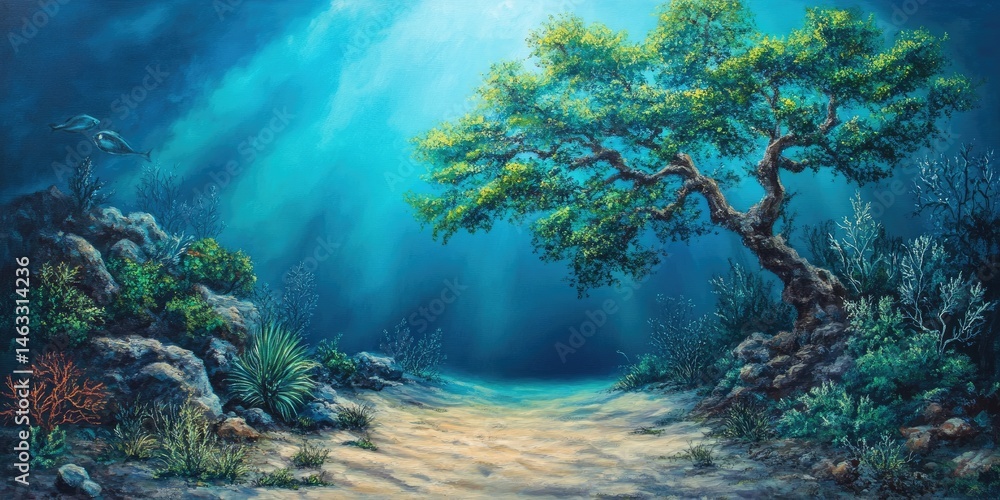 Obraz premium Submerged Serenity: An Underwater Oasis with Sunlit Tree and Vibrant Coral Reef