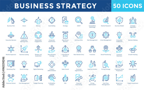 Business Strategy icons set with business plan, vision, mission, goal setting, strategy, swot, competitive advantage, market research, business model icon. Simple outline color vector 
