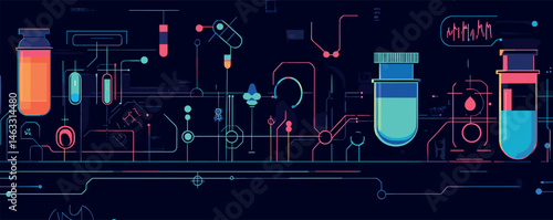 Futuristic medical lab with colorful vials and digital interfaces.