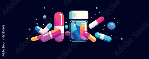 Colorful capsules around a medicine bottle on dark background.