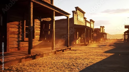 Cinematic Western Town Scene with Dust and Golden Hour Sunlight
