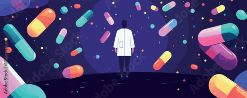 Scientist in lab coat surrounded by colorful pills on dark background.