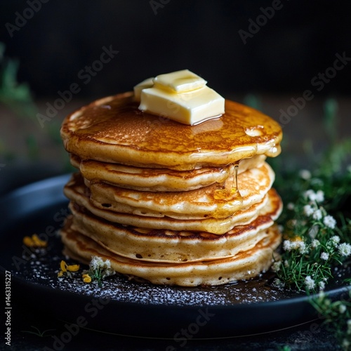 Wallpaper Mural Stack of golden brown pancakes, drizzled with syrup and topped with butter, on a dark plate Torontodigital.ca