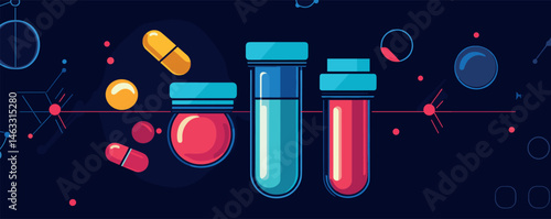 Colorful test tubes and capsules on dark background with abstract molecular shapes.