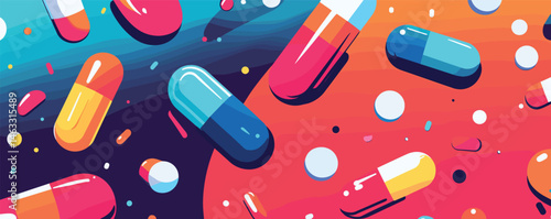 Colorful capsules and tablets on vibrant background symbolizing modern medicine.