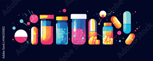 Colorful assorted medicine bottles and capsules on dark background with geometric patterns.