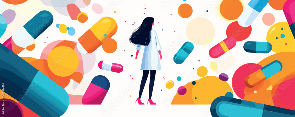 Woman in lab coat surrounded by colorful capsules and pills in abstract medical illustration. Woman in lab coat surrounded by colorful capsules and pills in abstract medical illustration.